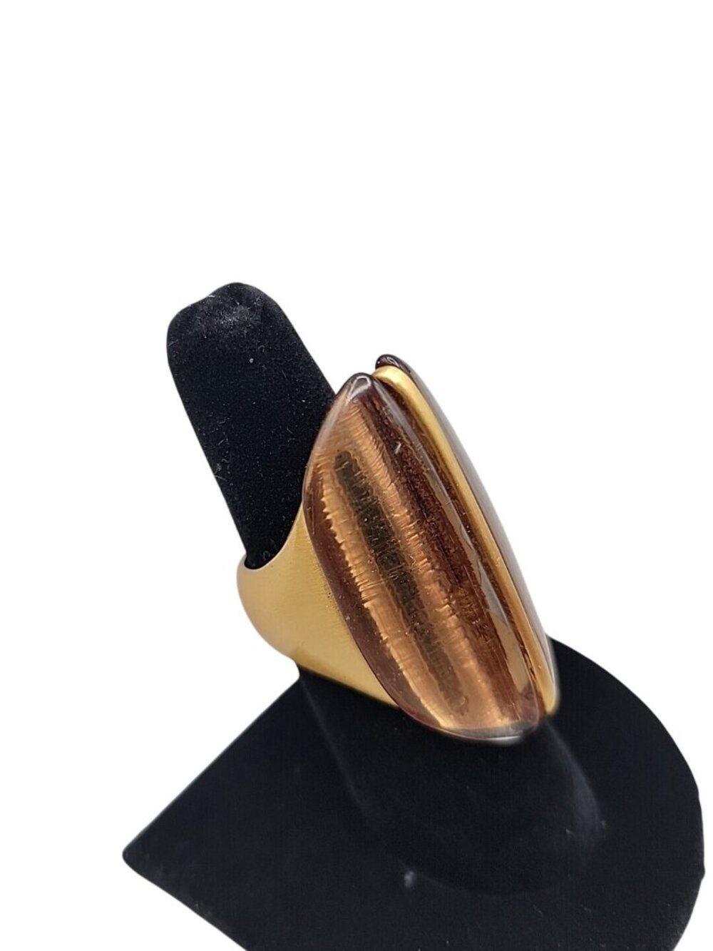 Vince Camuto Gold Tone Long Vertical Statement Ring Tigers Eye Resin Stone SZ6.5